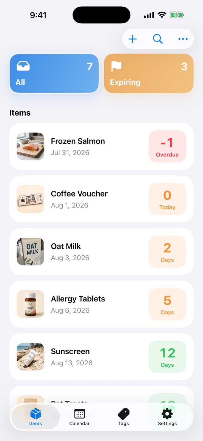FreshMemo item list and expiration reminders